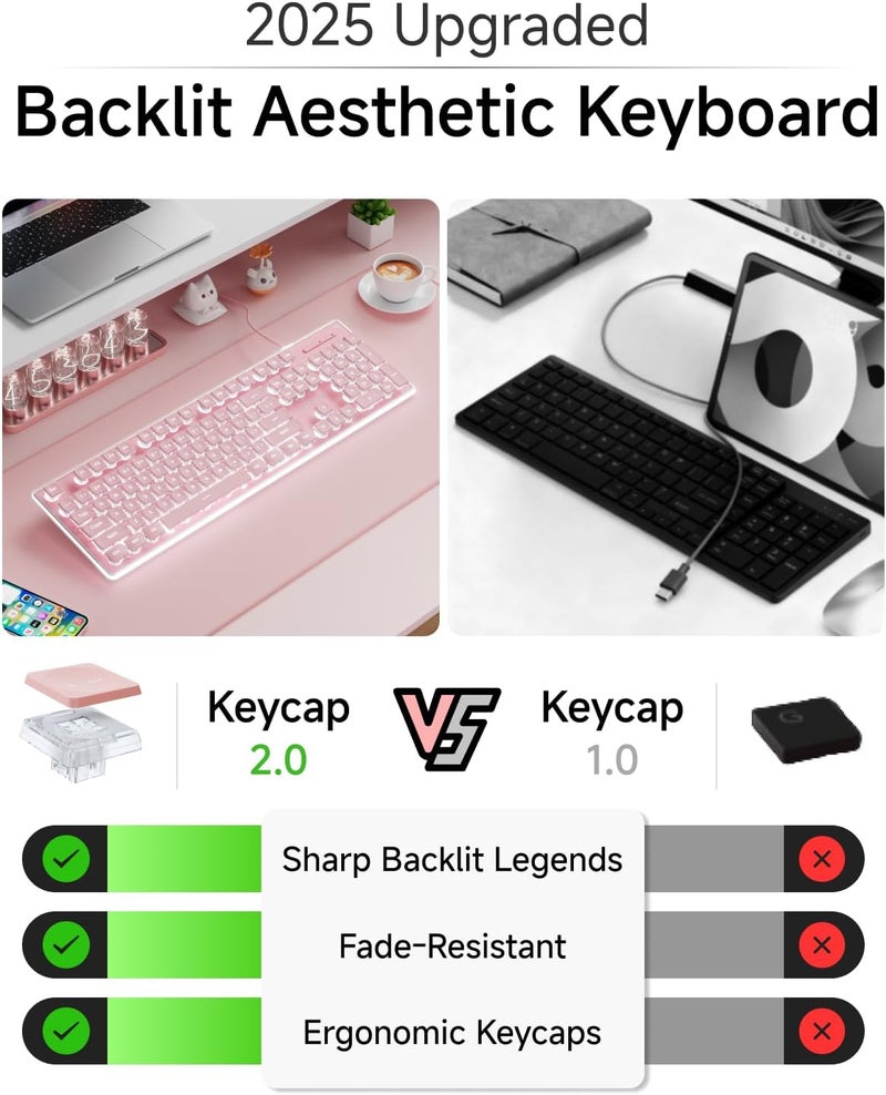 SEUNKWANG EWEADN GX710S Backlit Computer Keyboards, Wired USB Keyboard with White Backlit, Metal Panel, Plug and Play, Pudding Keycaps Full Size Quite Computer Keyboard for Win/PC/Laptop-Pink - Image 2